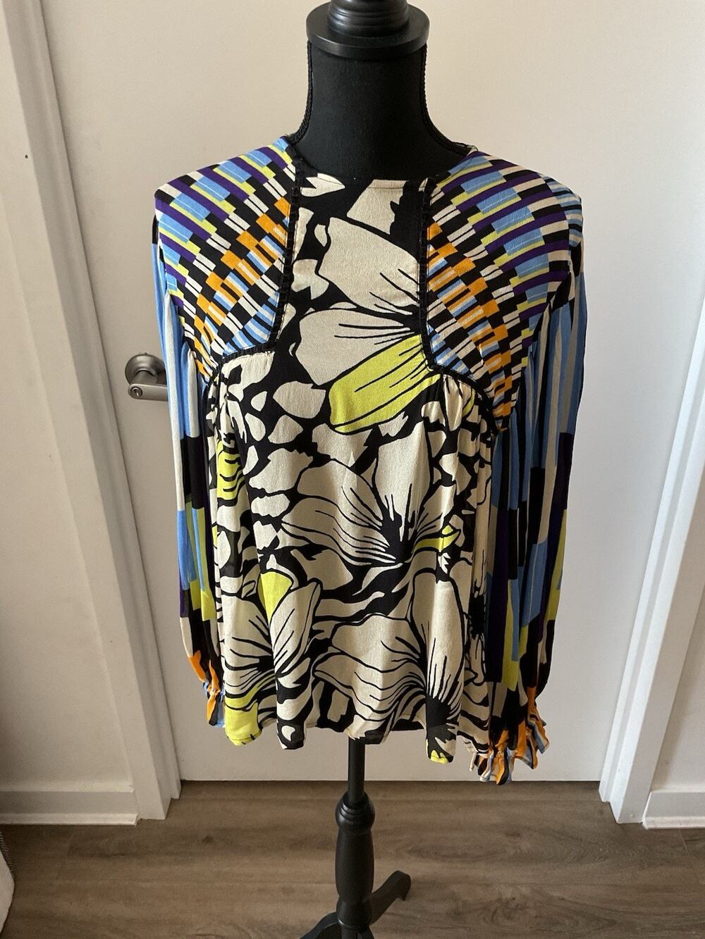 Anthropologie Bl-nk London Miranda Peasant Blouse Floral Geometric Boho Top SZ S